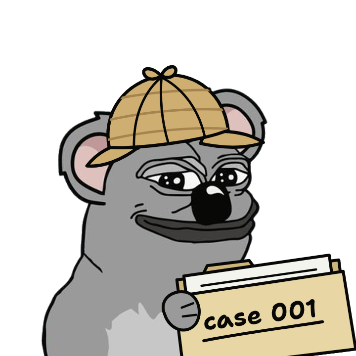 koko the koala, awake, in a deerstalker hat, holding a folder marked case 001